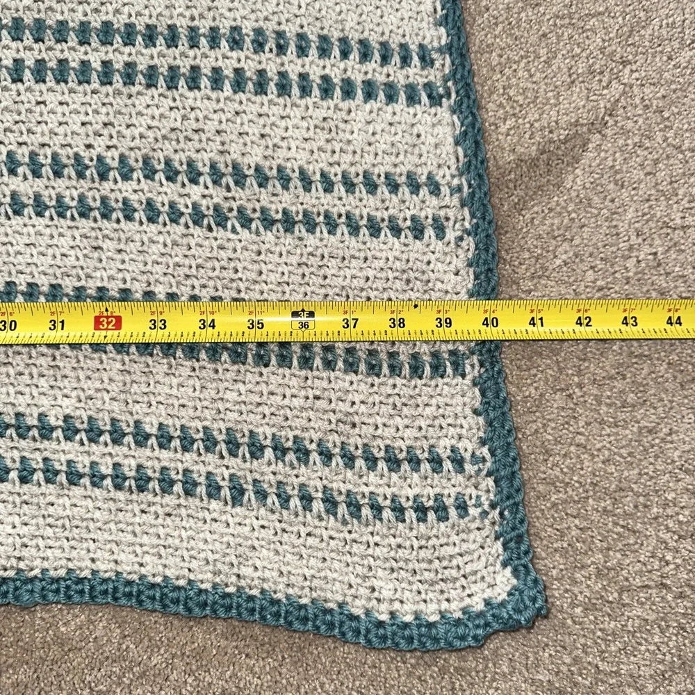 NEW Handmade Crochet Afghan Blanket Throw Striped Blue/Cream 53